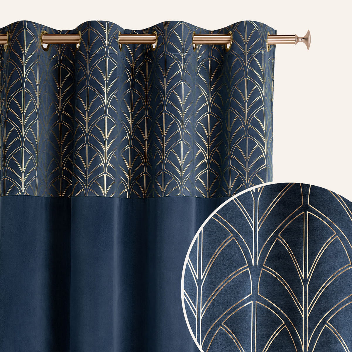  Gotowa niebieska zasłona ze złotym lśniącym wzorem do salonu 