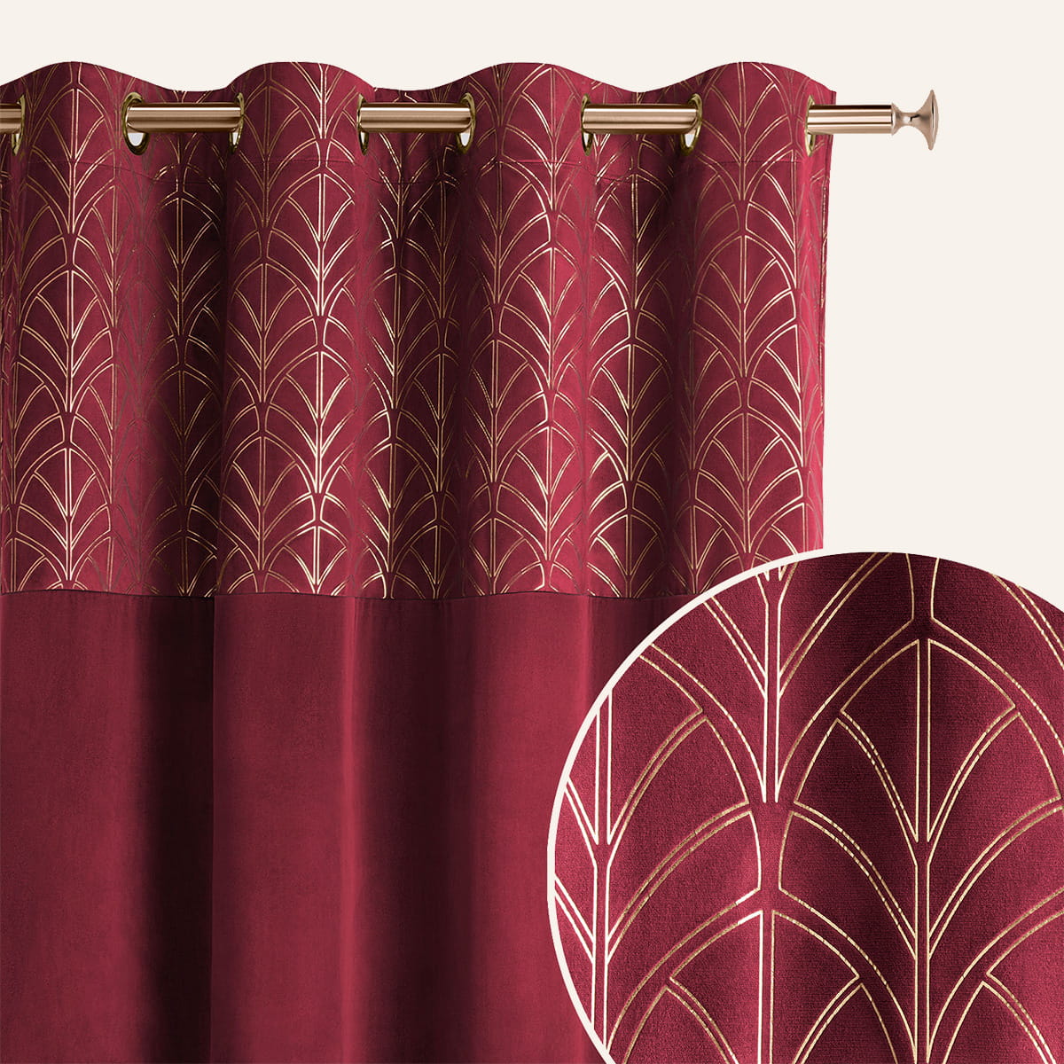  Bordowa zasłona velvet ze złotym akcentem do salonu 