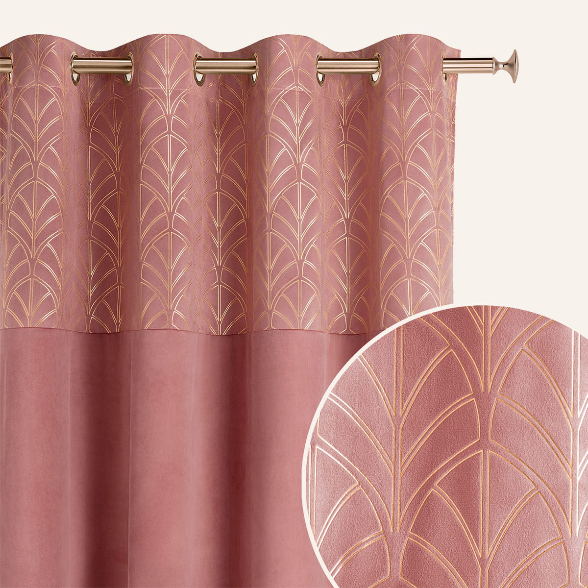  Zasłony welurowe brudny róż ze złotym wzorem do salonu  