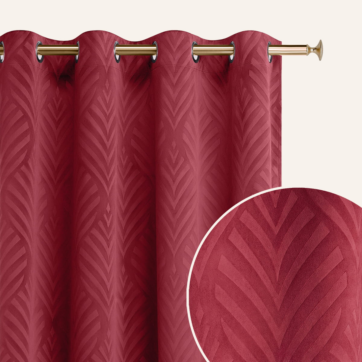  Bordowa zasłona welurowa w tłoczony wzór liści do salonu 