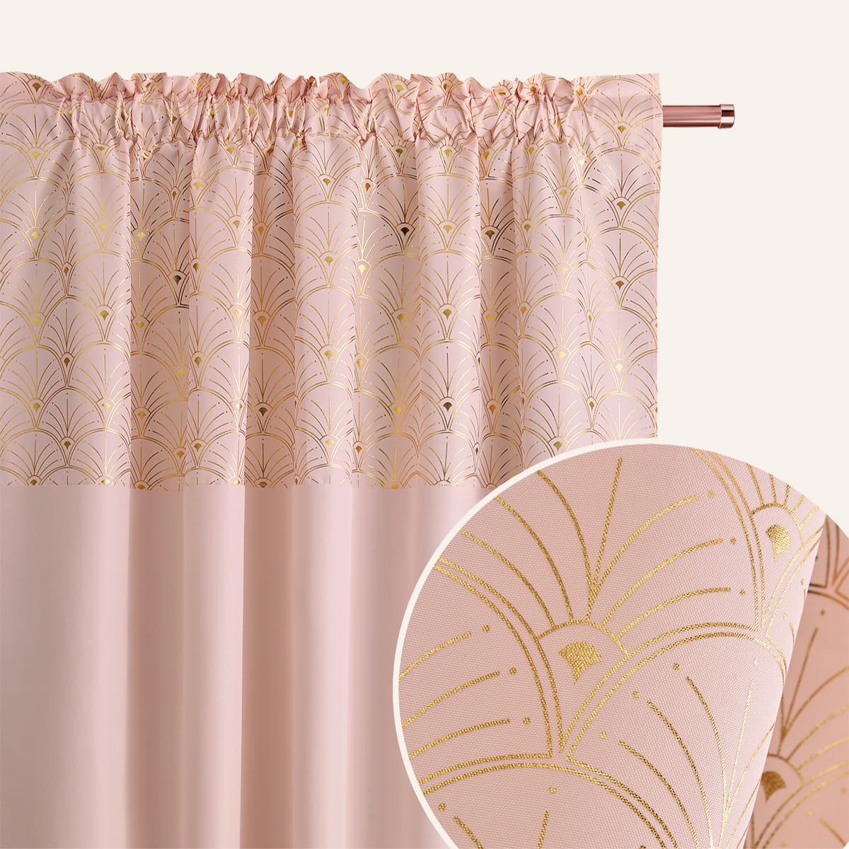   Zasłony na taśmę wave gotowe  pudrowy róż ze złotym wzorem Belissa 140x260 