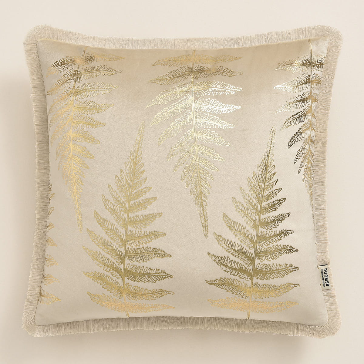  Poszewka dekoracyjna ze złotym liściem paproci 40x40 kremowa 